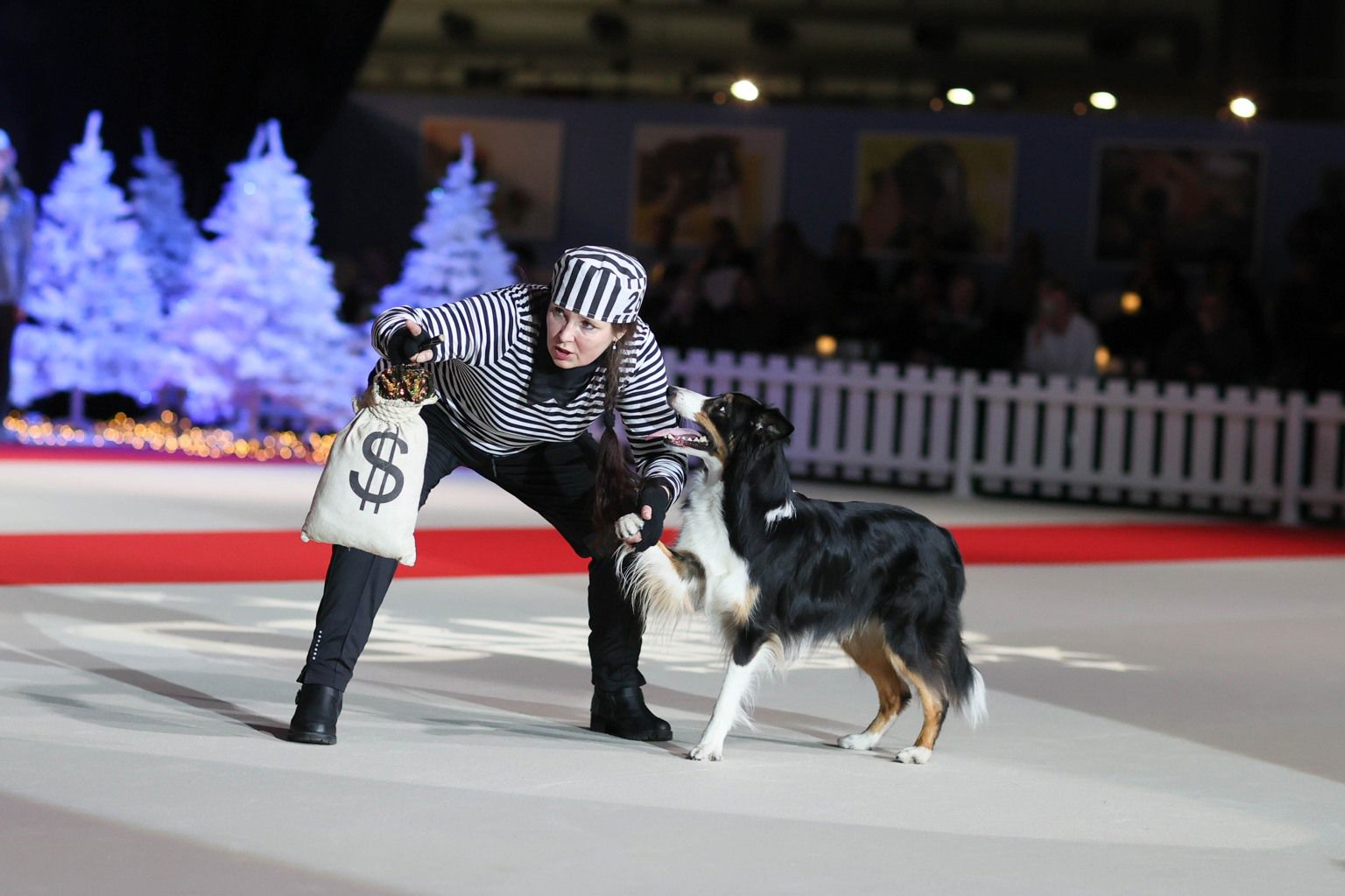 Dog and handler, dressed as bank robbers, during a freestyle competition.